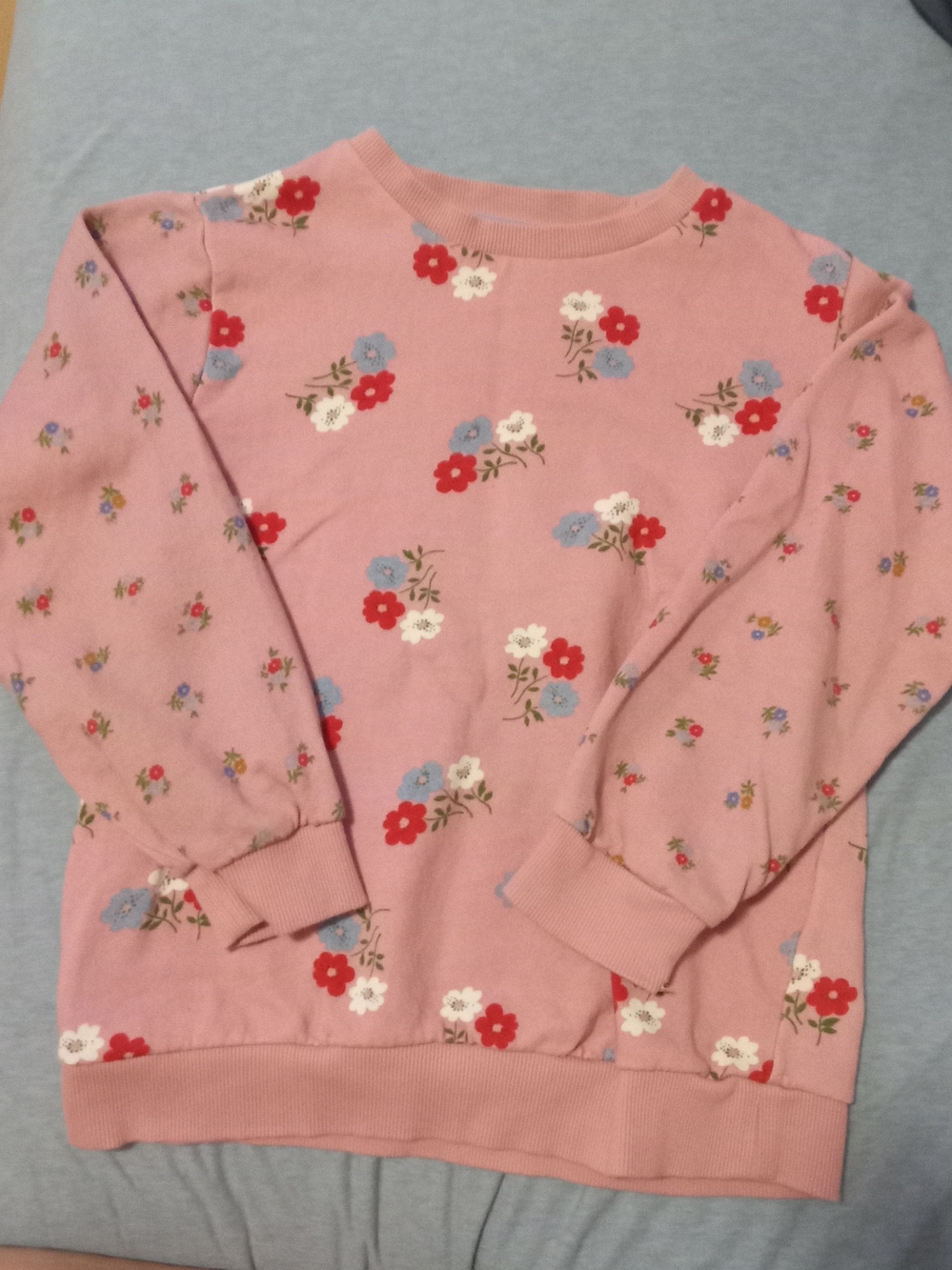 Mini Boden Pink Floral Crew Sweater with Red & Blue Accents 100% Cotton